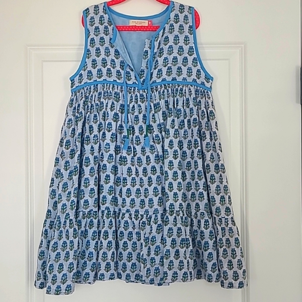 Pink Chicken Blue and White Kids Casual Dress